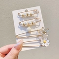 Set of four gold-tone pearl and rhinestone safety pins with white daisy and floral charms - Style 50 - 37th Set 4 Pcs