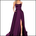 Abito da sera lungo in raso viola scuro con spalline sottili e spacco laterale alto - US size 2 (S) / Viola