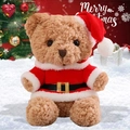 Brown plush Christmas teddy bear in a Santa Claus outfit with a festive snow background - 23CM / Santa Suit & Christmas Hat