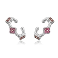 Detailed view of silver flower ear cuffs with pink and red zircon stones and clear reflections - Platinum Plated Rose Red Zirconia