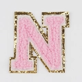 Pink chenille embroidered letter N patch with gold glitter border for passport covers - Letter N