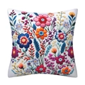 3D floral cushion cover with colorful textured embroidery on white square pillowcase - 18x18 Inch