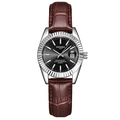 Women's quartz watch with brown leather strap, silver steel case, and black calendar dial - Brown Strap Silver Case Black Dial Women's