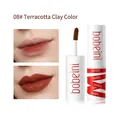 Matte lip clay 08 Terracotta finish showing thin and thick applications on lips - 08# Terra Cotta