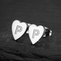 Minimalist heart-shaped stainless steel stud earring featuring engraved letter P in silver - Letter P / Steel