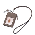 Brown leather ID badge holder with lanyard, retractable reel and zipper pocket - Dark Khaki