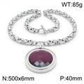 Silver stainless steel necklace featuring a large round purple faceted glass stone pendant - Steel Purple Necklace (KN201464-Z)