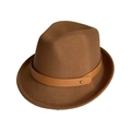 Detail of dark brown wool felt fedora hat featuring a leather strap and gold buckle - M(56-58cm) / Dark Brown