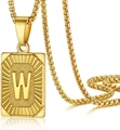 Macro shot of gold rectangle letter W pendant with box chain on a white background - Letter W