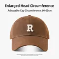 Adjustable brown cotton baseball cap with white embroidered R for large head sizes - R Letter Hat-Light Coffee