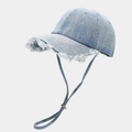 Detail of light blue denim baseball cap showing distressed brim and adjustable wind cord - Light Blue
