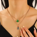 Double-layer gold necklace with green bell and Christmas tree enamel pendants - Christmas Tree (N-1121) / Gold