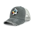 Detailed macro view of distressed grey cotton brim with football patch and white mesh - Gray