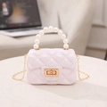 Mini white quilted jelly bag with elegant pearl handle and gold chain strap for women - White