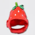 Plush strawberry hat for cats and small dogs featuring red fabric and green leaf detail - Strawberry