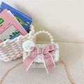 Pink tweed girls mini handbag with pearl handle, bow, and camellia flower detail - Khaki Bow