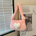 Chic pink faux fur shoulder bag with white plush heart detail for autumn and winter - Pink