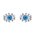Minimalistische Silber-Ohrstecker mit blauem Emaille-Auge und Wimpern-Detail auf weiß - Weißgold