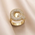 Gold plated open ring featuring letter Q design with sparkling cubic zirconia pavé - Small / Letter Q