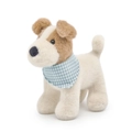 Cute Fox Terrier plush doll with blue checkered scarf and cream brown soft fur - Puppy with Bib / 18cm
