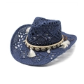 Donkerblauwe strooien cowboyhoed met schelpen en kwastjes in boho-stijl decor - M (56-58cm) / Marineblauw