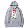 Grey Christmas hoodie for adults featuring a ghost with candy cane and Santa hat - Light Gray
