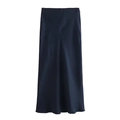 Elegant navy blue satin midi skirt with smooth glossy finish and A-line silhouette - XS / Navy Blue