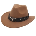 Brown wool felt western cowboy hat featuring metallic bull head and rivet band decoration - 56-58cm / Khaki