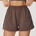 Dark brown athletic shorts with white side stripes and elastic high waist - S / Deep Chocolate Brown