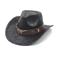 Detail of black vintage cowboy hat featuring faux-leather texture and a bull-head metal stud belt - M (56-58cm) / Black