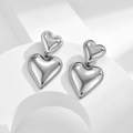 Elegant silver-tone double heart drop earrings with minimalist stainless steel design - 3D Heart Dangle Earring (G402)