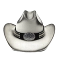 Close-up of silver western cowboy hat with studded leather belt and rhinestone buckle - M (56-58cm) / White Black Painted