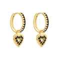 Close-up of gold heart hoop earrings featuring pavé-set black cubic zirconia crystals - Gold Black Zirconia Pave Heart Pendant