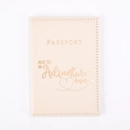 Beige PU leather passport cover with golden engraved adventure quote on white background - Beige