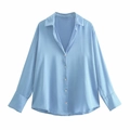 Women's light blue long sleeve satin shirt with silky texture and button-up front - XS / Blue