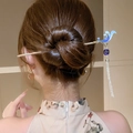 Épingle à cheveux fleur bleue avec perle et pompon pour coiffure chinoise rétro - Pompon Argent Perle Bleue Vague Bleue Dorée (13#)