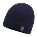 Dark blue winter knit beanie with soft lining and brown leather patch detail - Navy Blue