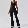 Slim fit black one-piece yoga jumpsuit with racerback and stylish flared leg bottom - S / Premium Black
