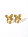 Close-up of golden butterfly earrings with textured double wings and metallic luster - Double Butterfly Stud Earrings (JR012-1) / Gold