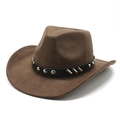 Brown faux suede western cowboy hat with studded leather band and wide brim design - M (56-59cm) / Brown