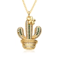 Golden cactus pendant necklace with green and white zircons on a delicate chain - Potted Cactus Style (F213)