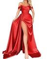 Detailed view of red satin evening gown featuring off-shoulder draped neckline and high slit - XL / Dress (9427) / Red