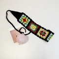 Handmade granny square crochet headband with colorful floral patterns and black ties - Black Multicolored