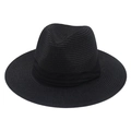 Classic black Panama straw hat with a wide brim and matching ribbon band for a vintage look - One Size / Black