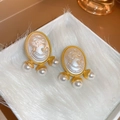 French vintage gold portrait earrings featuring white cameos and triple pearl drops - White Portrait with Triple Pearl Dangles (22# Silver Needle-White Portrait Pearl)
