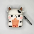 Cartoon cow design silicone case for AirPods with milk tea figure and metal carabiner - Milk Tea Cow + Carabiner / AirPods 1/2 Gen