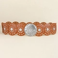 Brown leather women's belt with silver circular buckle and decorative metal eyelets - Antique Silver Camel