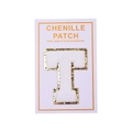 Detail of chenille letter T patch with gold glitter borders and peel and stick adhesive - Letter T / White