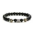 Mens beaded bracelet with black obsidian, tiger eye stones and silver metal cylinder bead - Spotted Stone