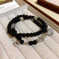 Double-layer black crystal beaded bracelet with silver lotus and charm in display box - Style 82 Black Beaded Compass Lotus